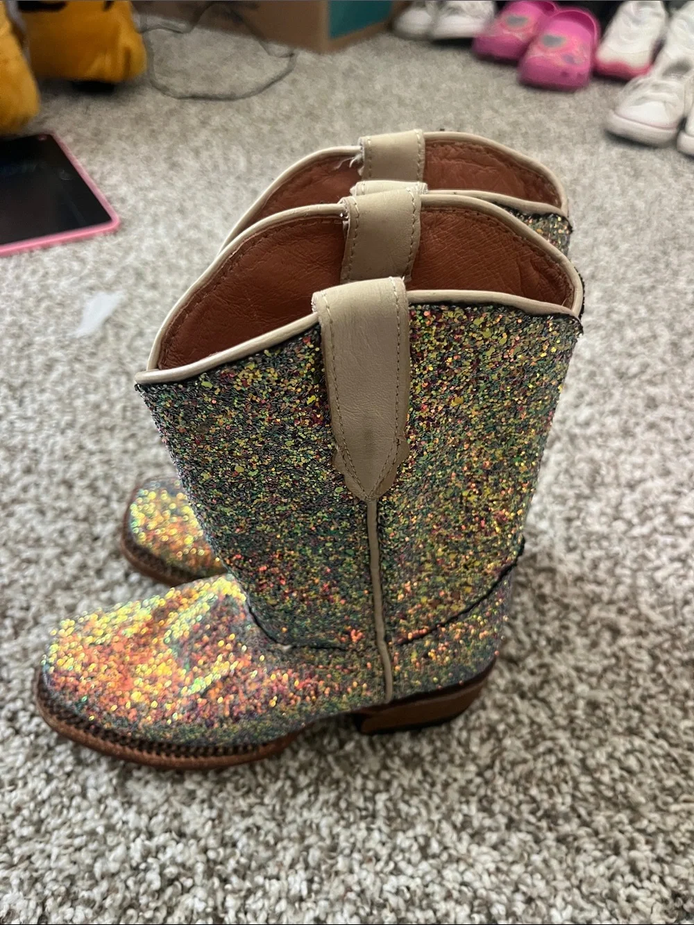 AMO Glitter Multicolor Kids' Cowboy Boots with Cream Trim